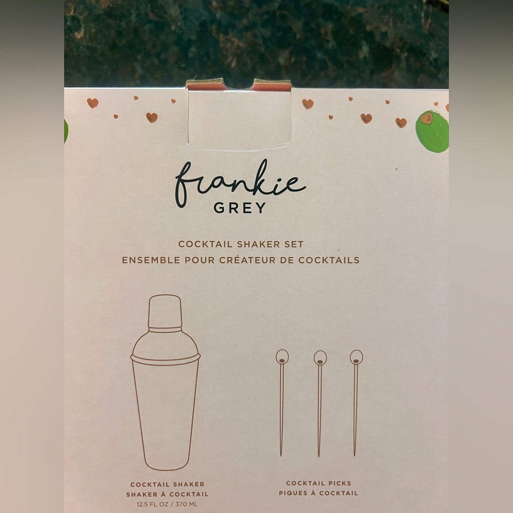 NIB Frankie Grey Cocktail Shaker Set Glass Green Olive Accents Barware 7”, 4 Pc - Picture 3 of 5